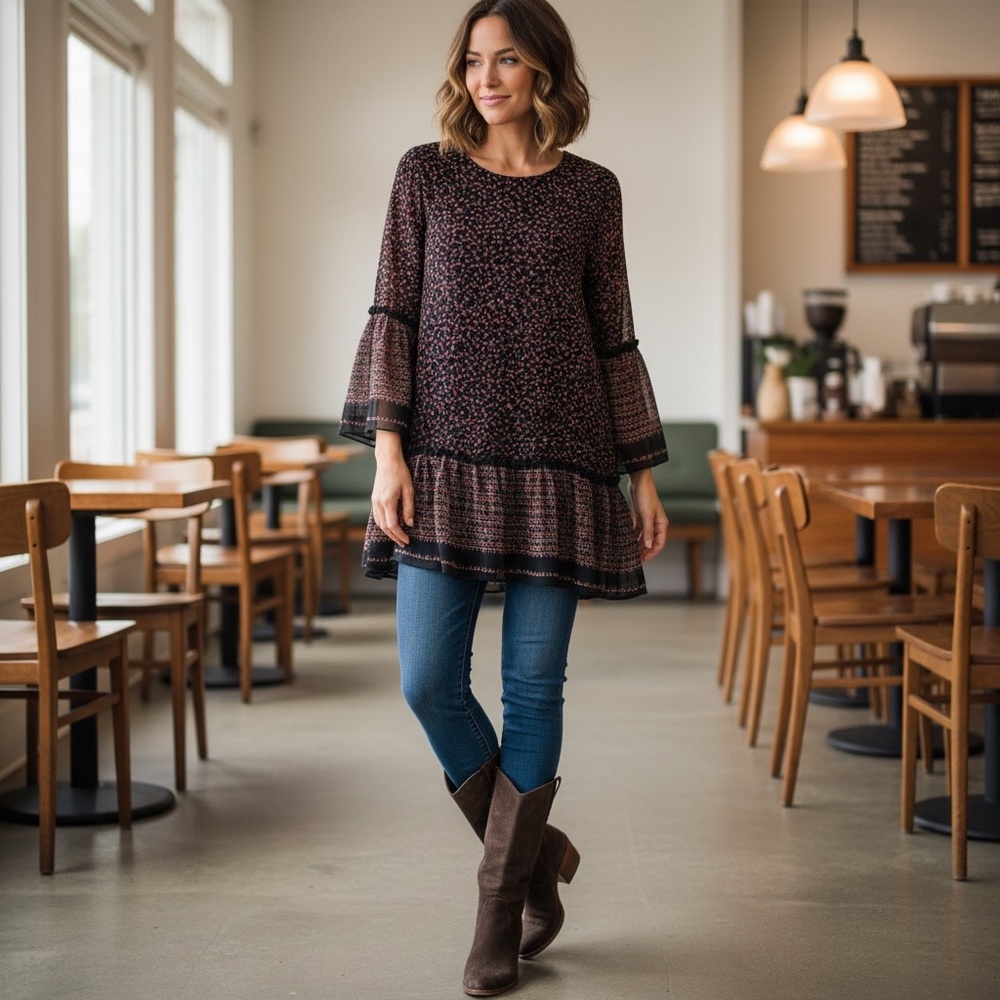 Max Studio Black printed  Tunic Top with bell sleeves.